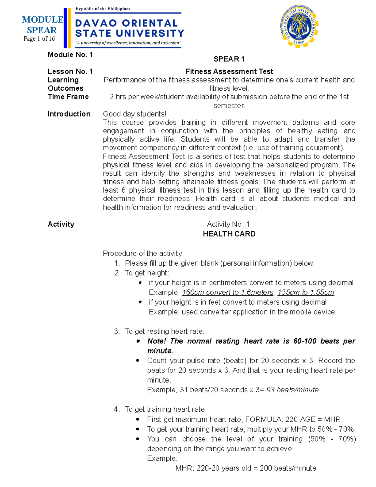 Module 1 Lesson 1 Spear 1 Fitness Assessment Test - SPEAR Page 1 of 16 ...