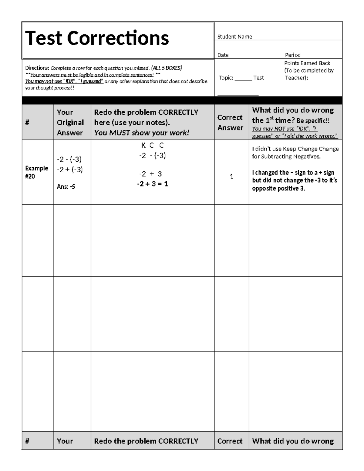 Test Corrections Template 2223 Test Corrections Student Name Date