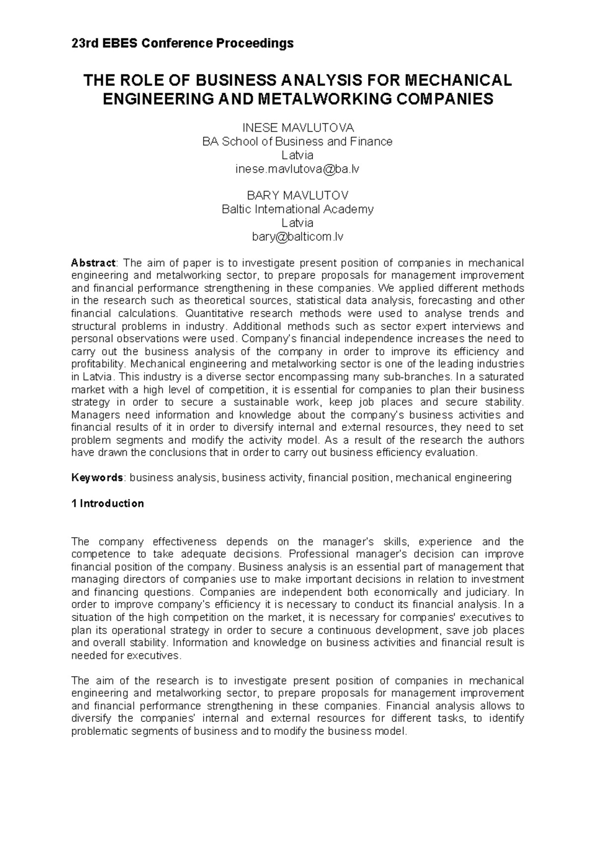 business report - THE ROLE OF BUSINESS ANALYSIS FOR MECHANICAL ...