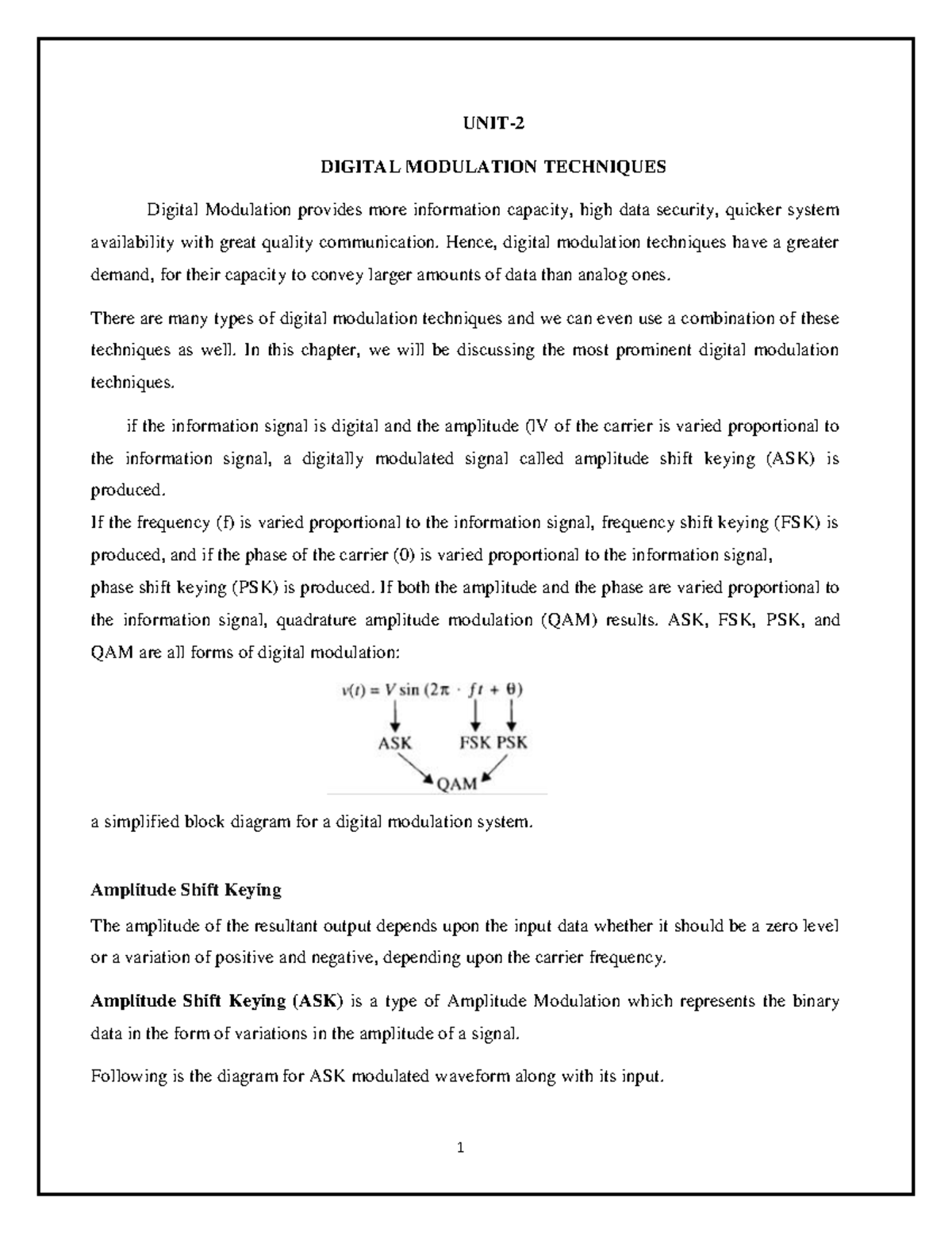 Digital modulation techniques - UNIT- 2 DIGITAL MODULATION TECHNIQUES ...