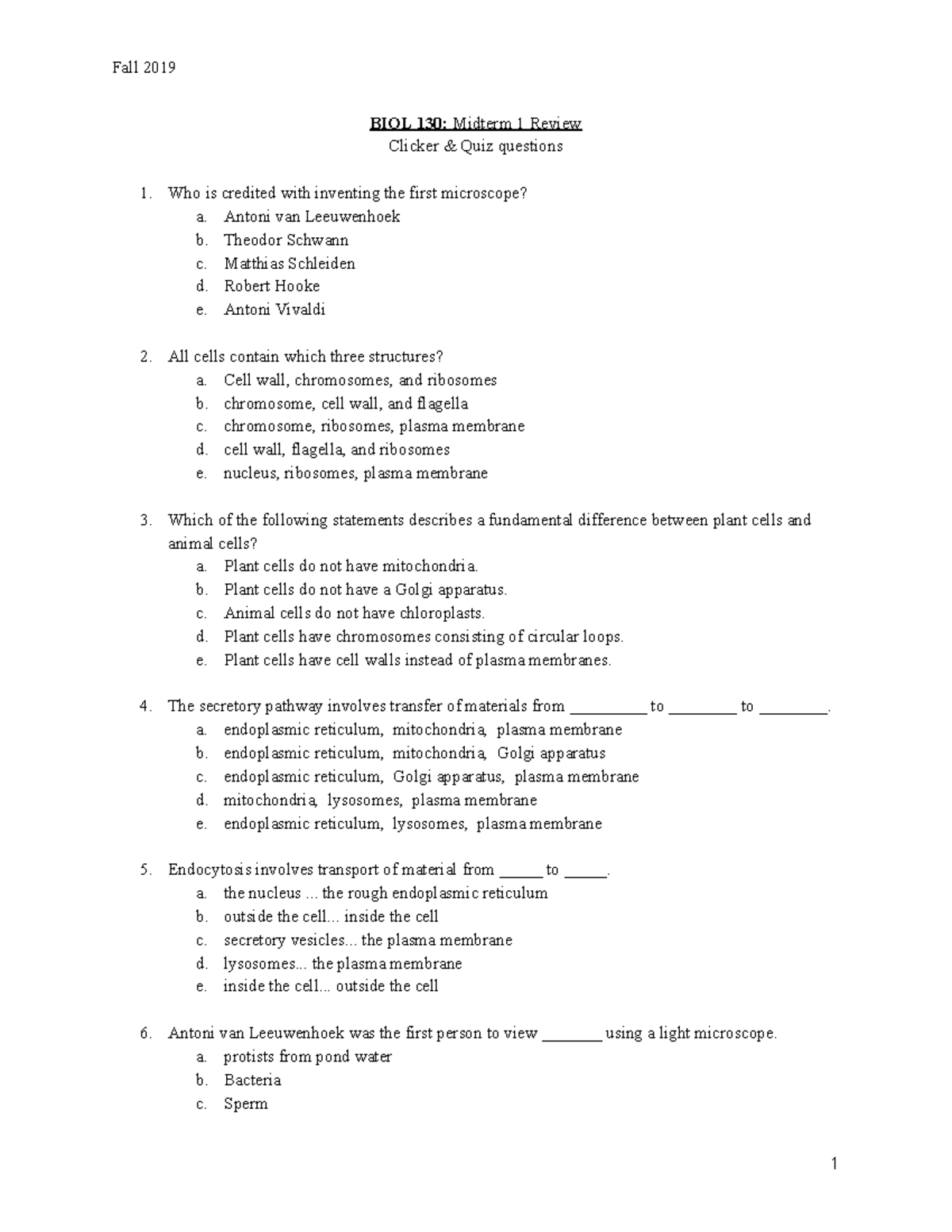 Midterm 1 October 2019, questions and answers - Fall 2019 BIOL 130 ...