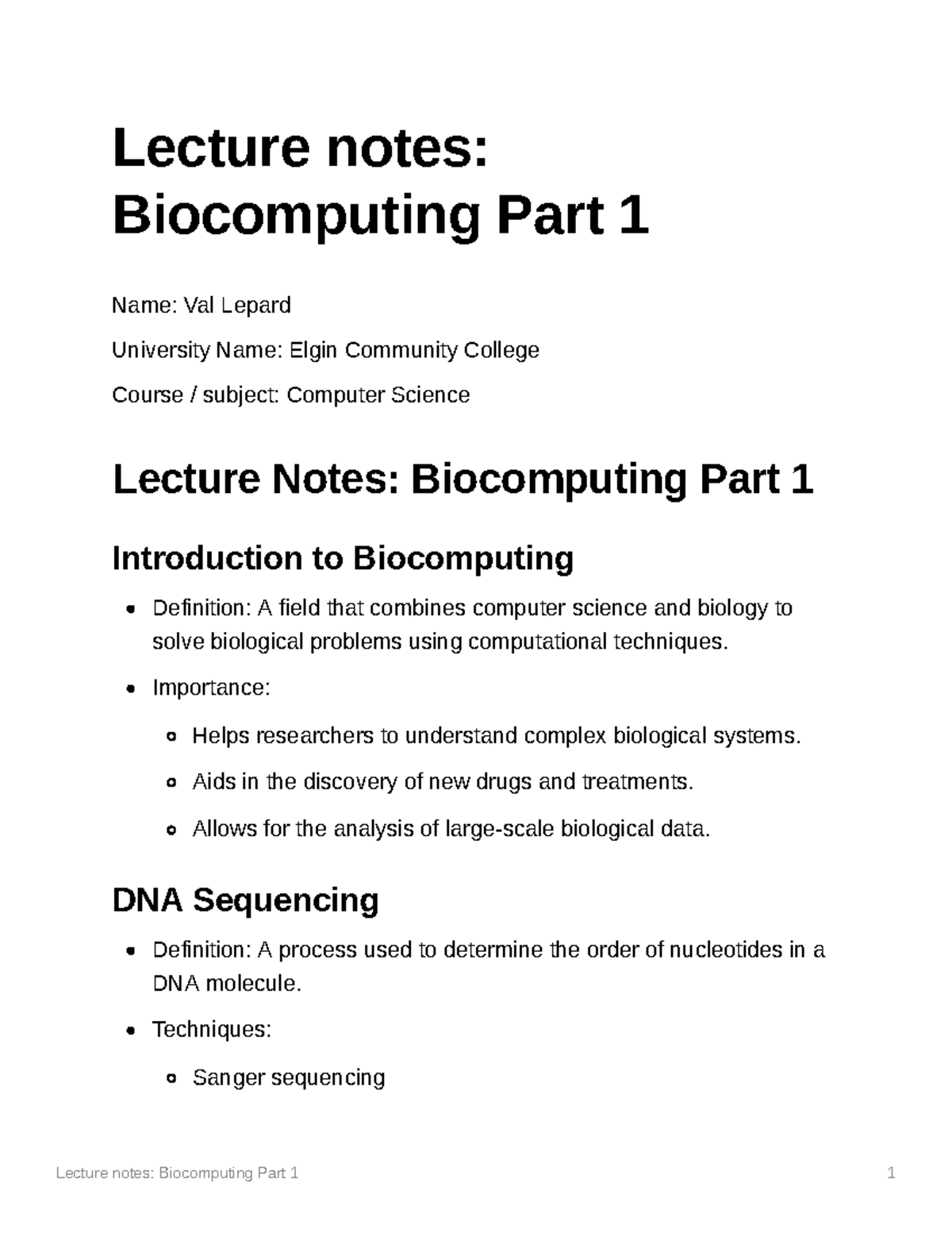 Lecture Notes Biocomputing Part 1 - Lecture Notes: Biocomputing Part 1 ...