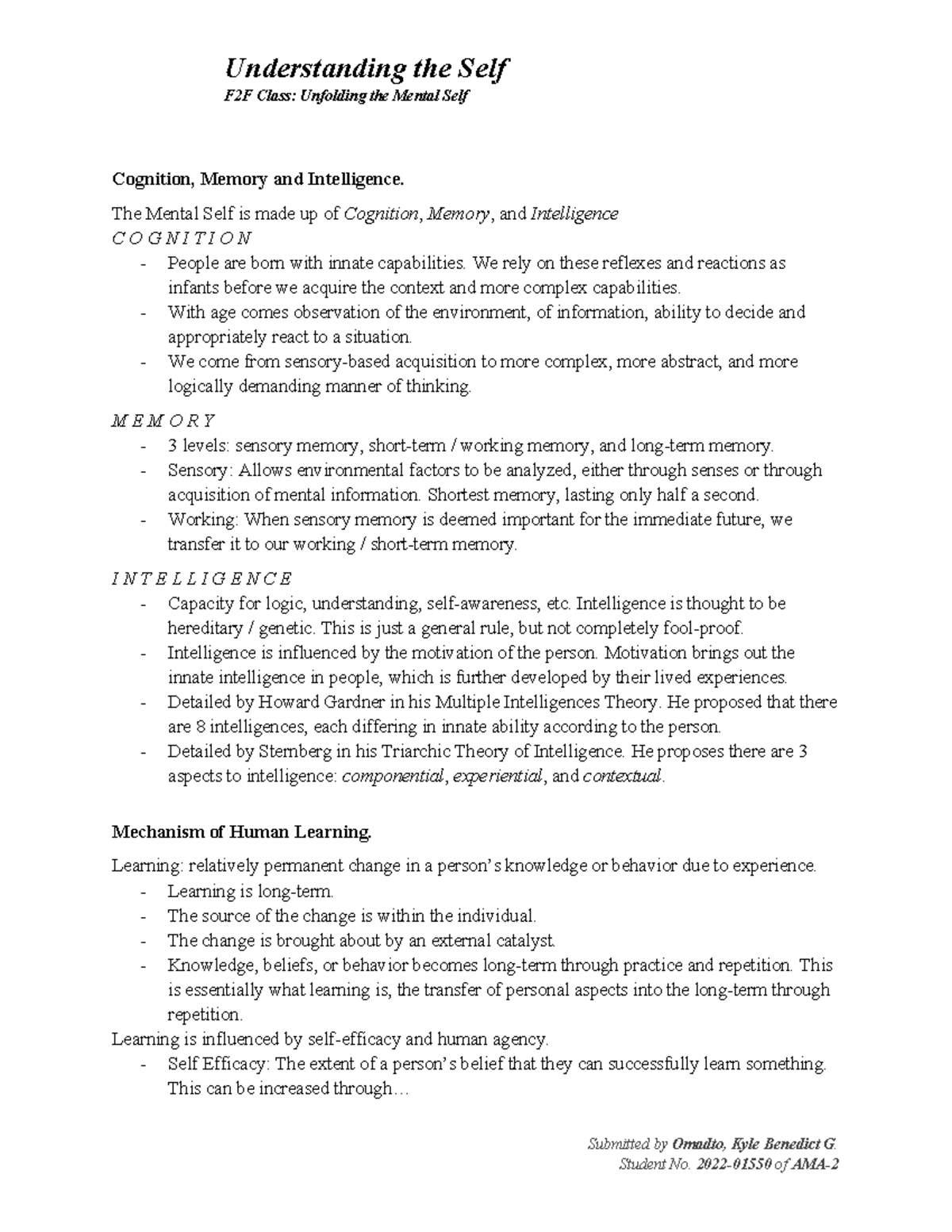 Uself Unfolding the Mental Self - Understanding the Self F2F Class ...