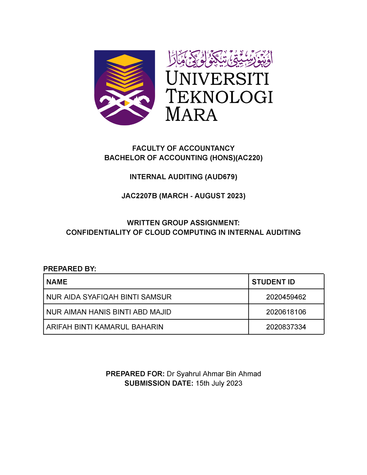 Group 6 7B - FACULTY OF ACCOUNTANCY BACHELOR OF ACCOUNTING (HONS)(AC220 ...