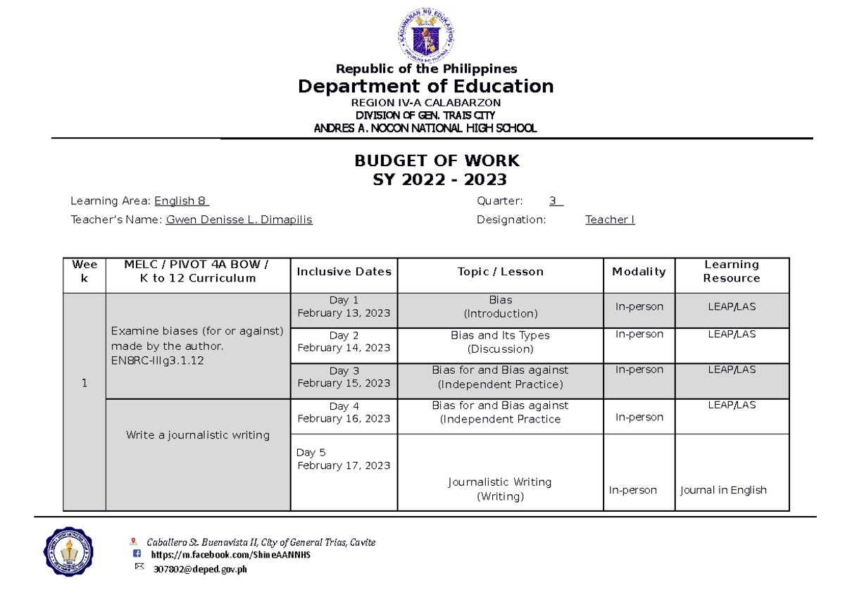 ENG7 BOW 2ndQuarter This is intended to help Grade 8 English
