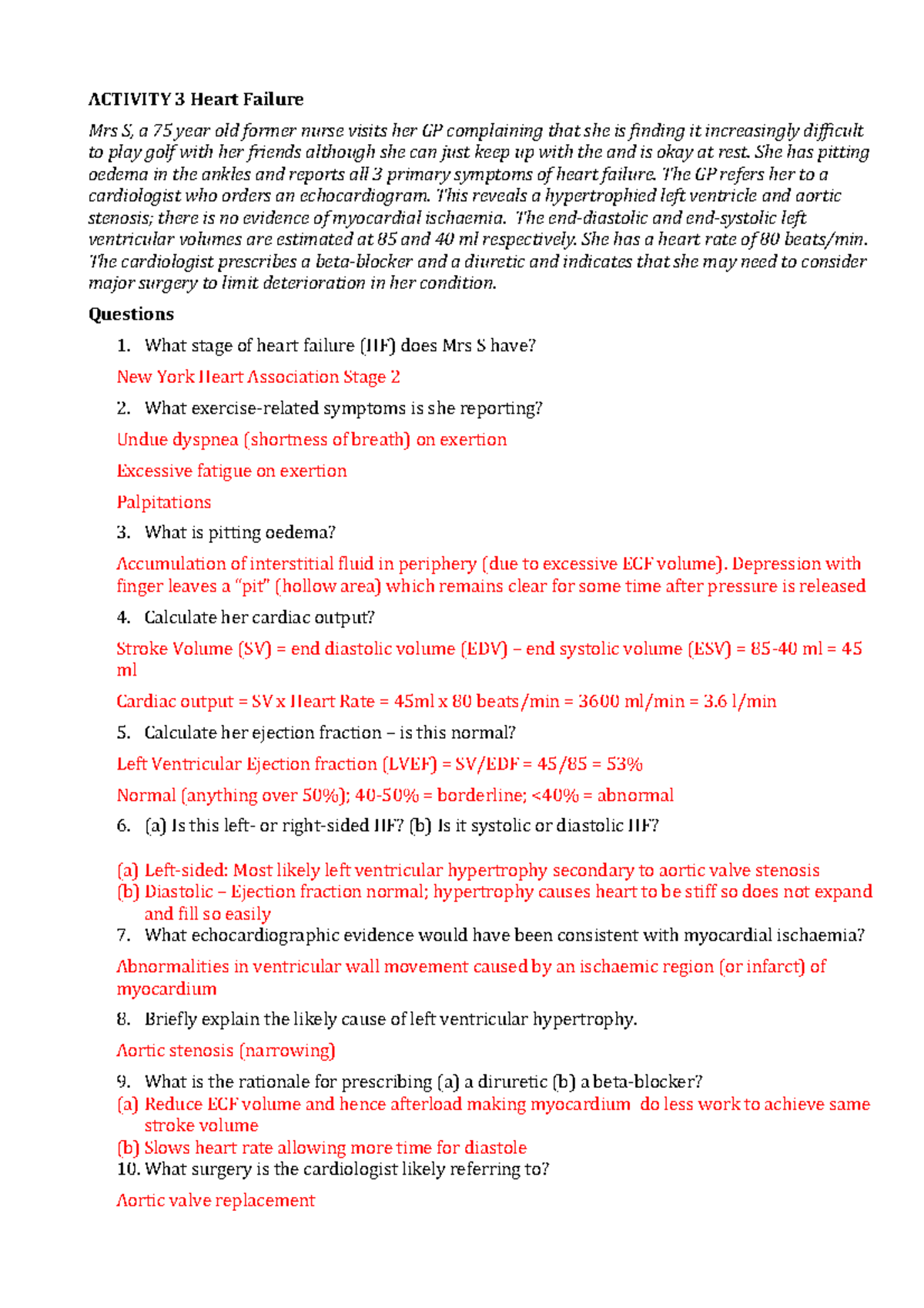 Exam 4 October 2017, questions and answers ACTIVITY 3 Heart Failure