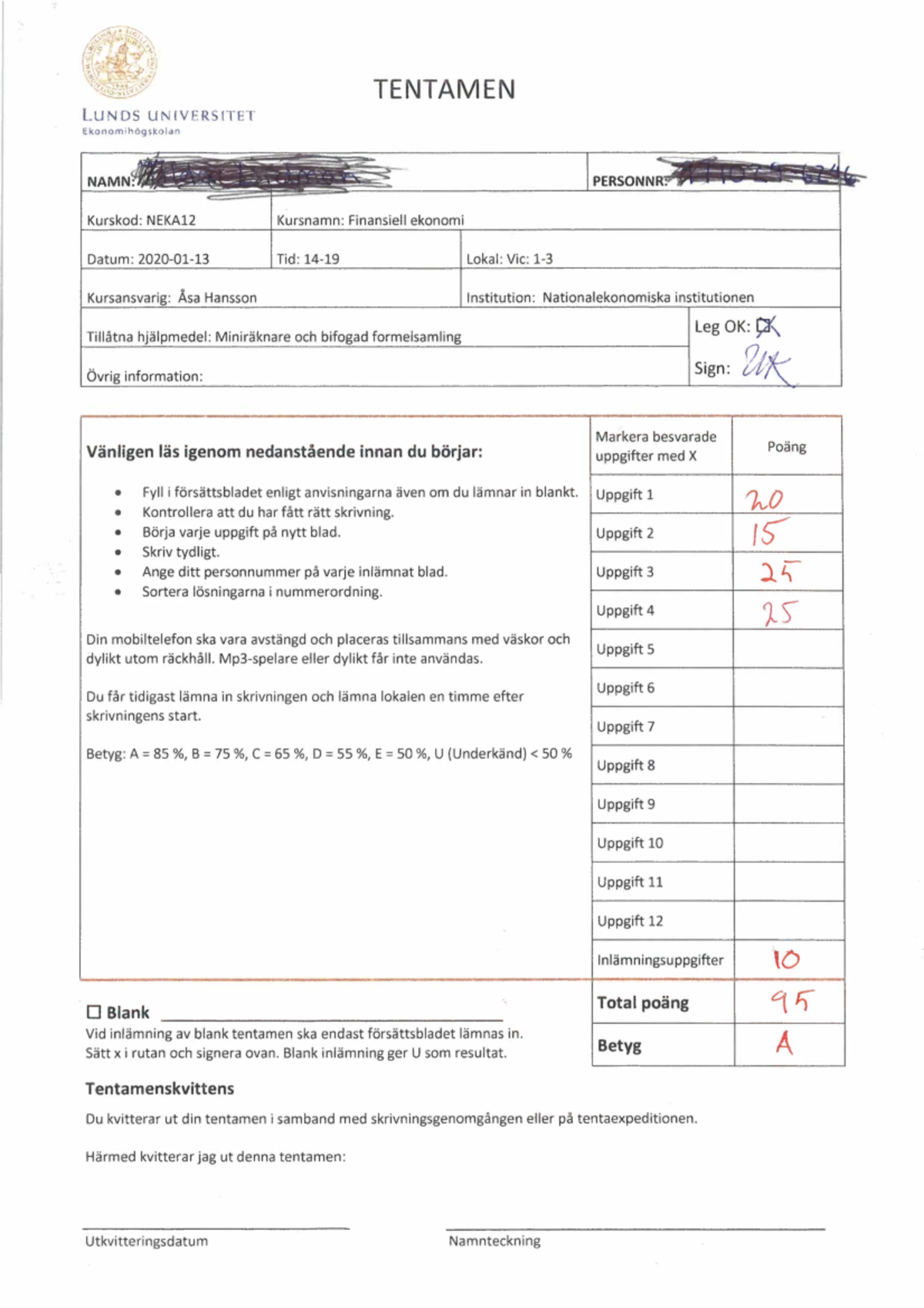 NEKA12 Finansiell Ekonomi Tenta 2020-01-13 - TENTAMEN LEkUonoNmDihögS ...