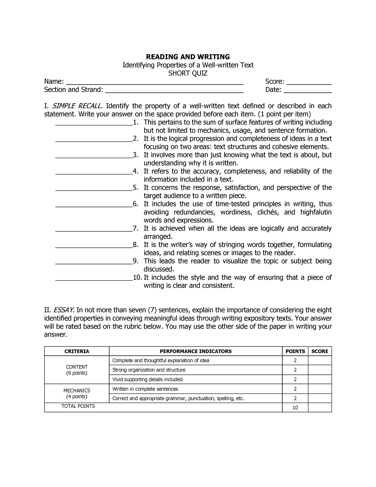 Properties Of Well Written Text Worksheet PDF READING AND WRITING   Thumb 1200 1553 