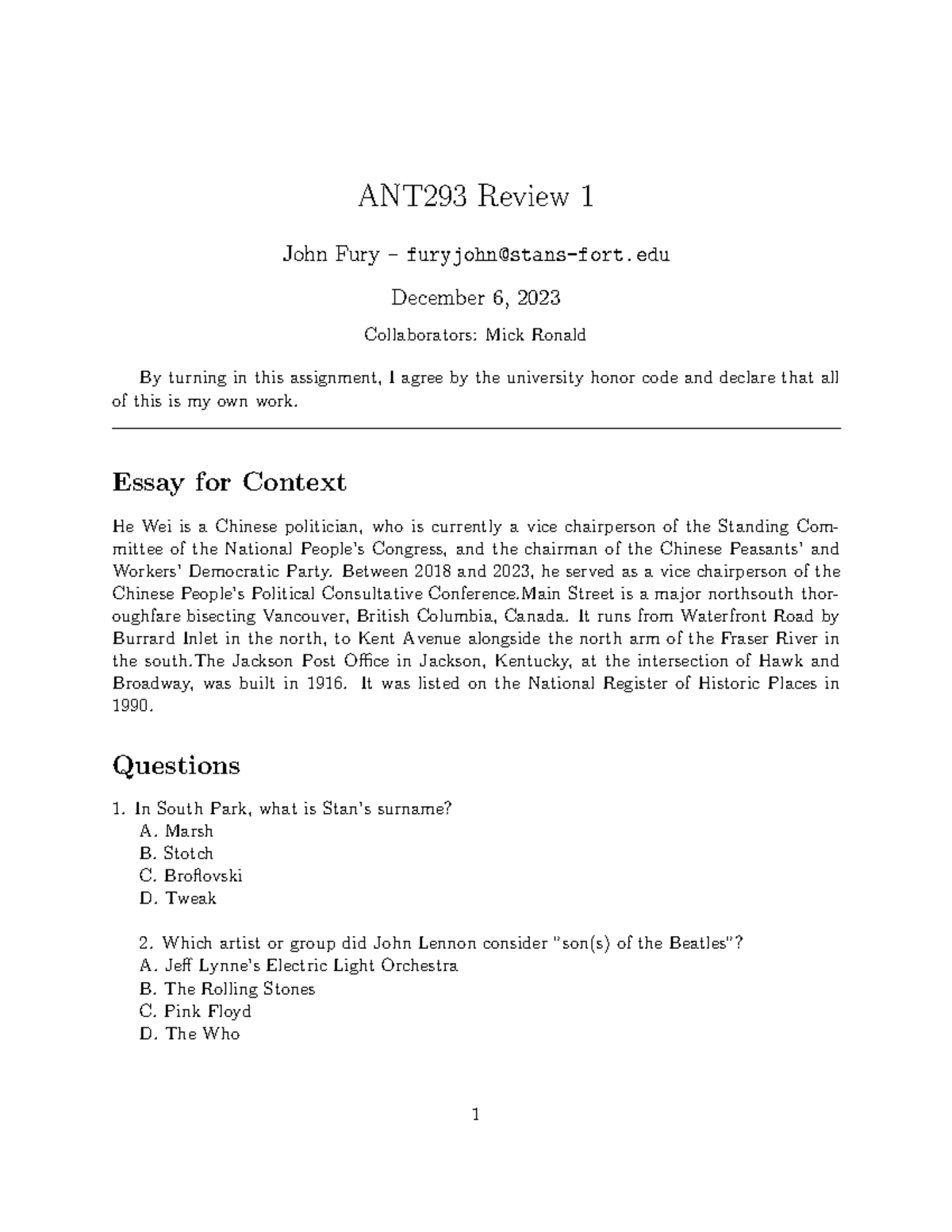 ANT293 Review 1 - the study of basic economic principles with ...