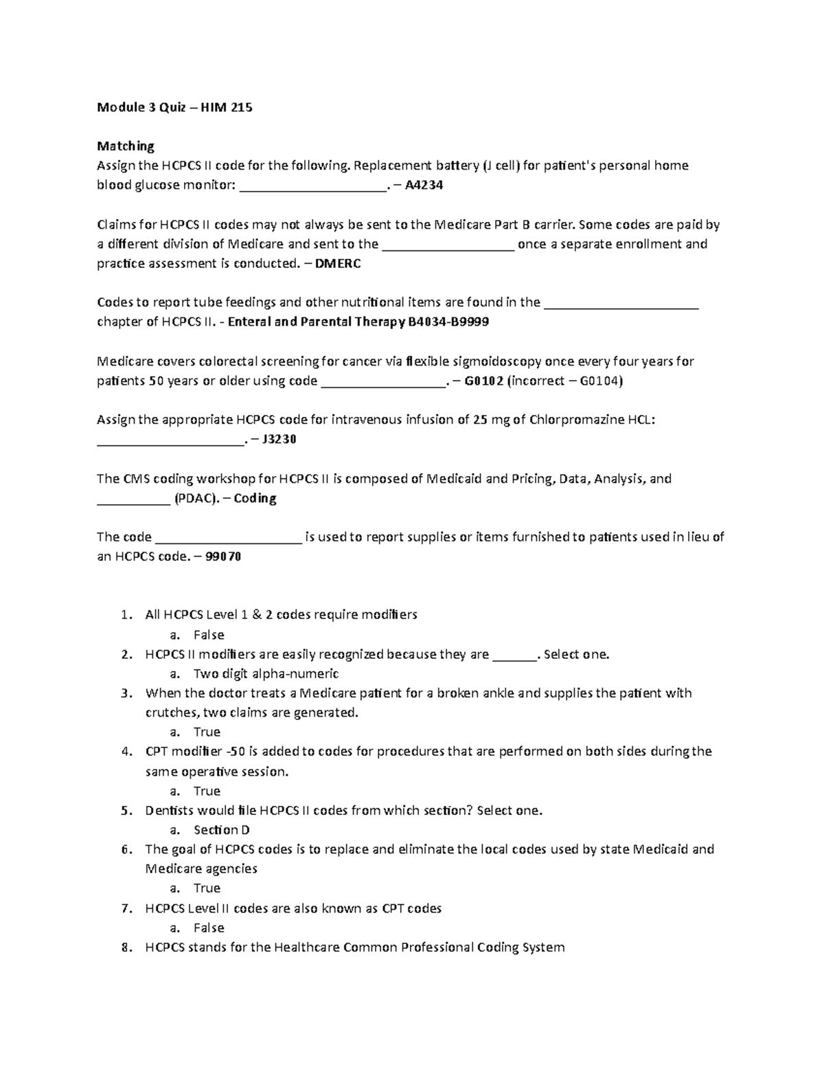 HIM 215 Module 3 Quiz - Module 3 Quiz – HIM 215 Matching Assign The ...