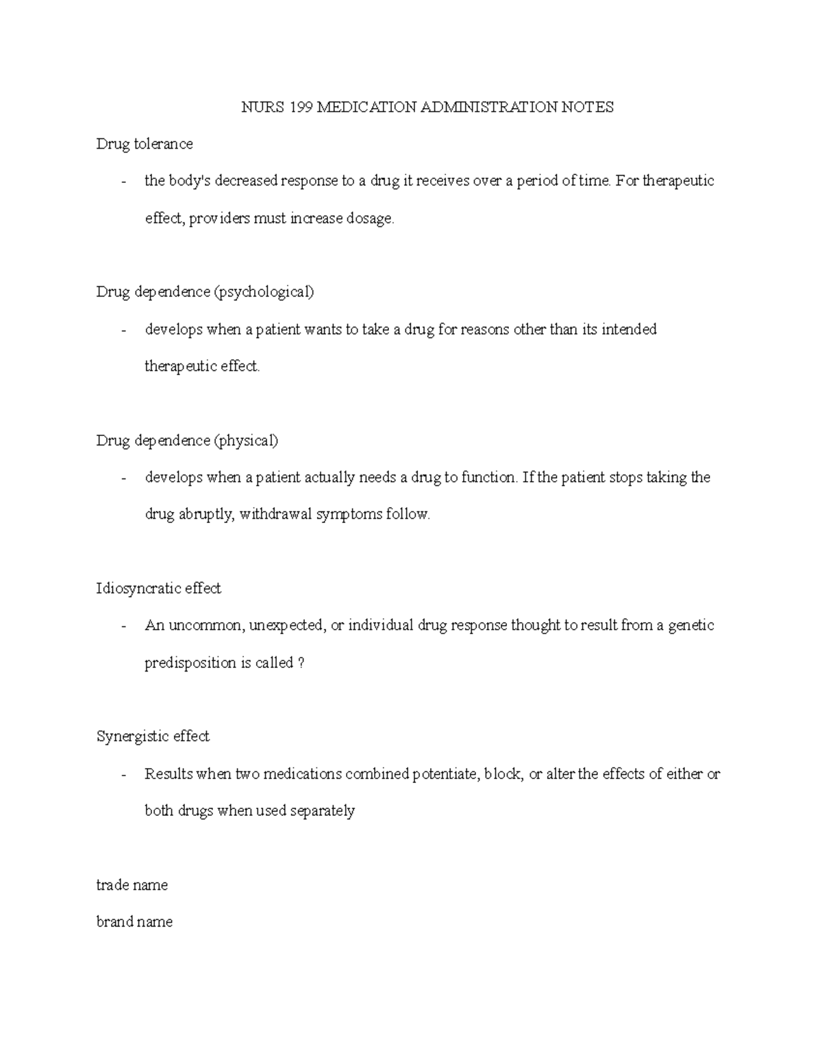 NURS 199 Medication Administration Notes - NURS 199 MEDICATION ...