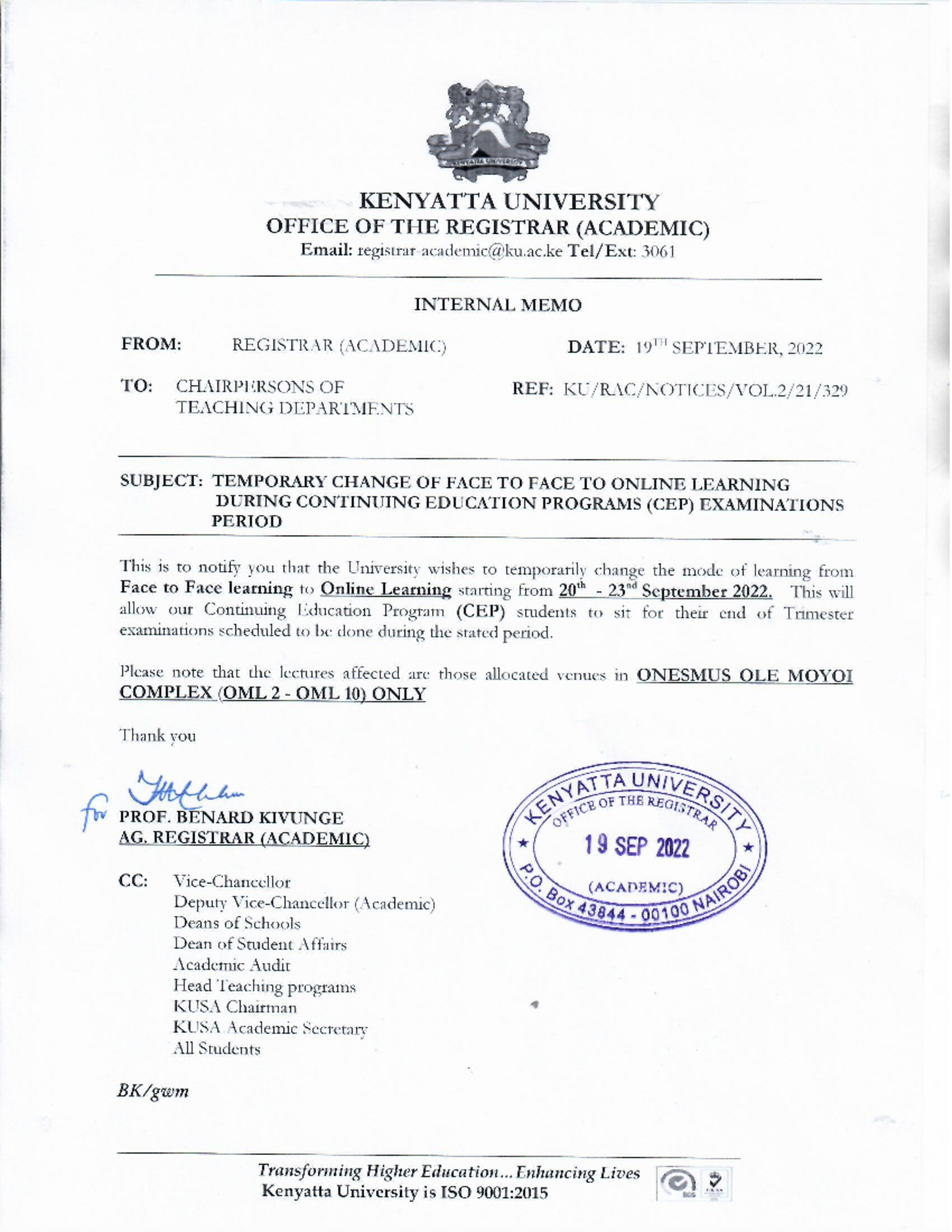 Temporary Change OF MODE Study DUE TO CEP Examinations - Bsc ...