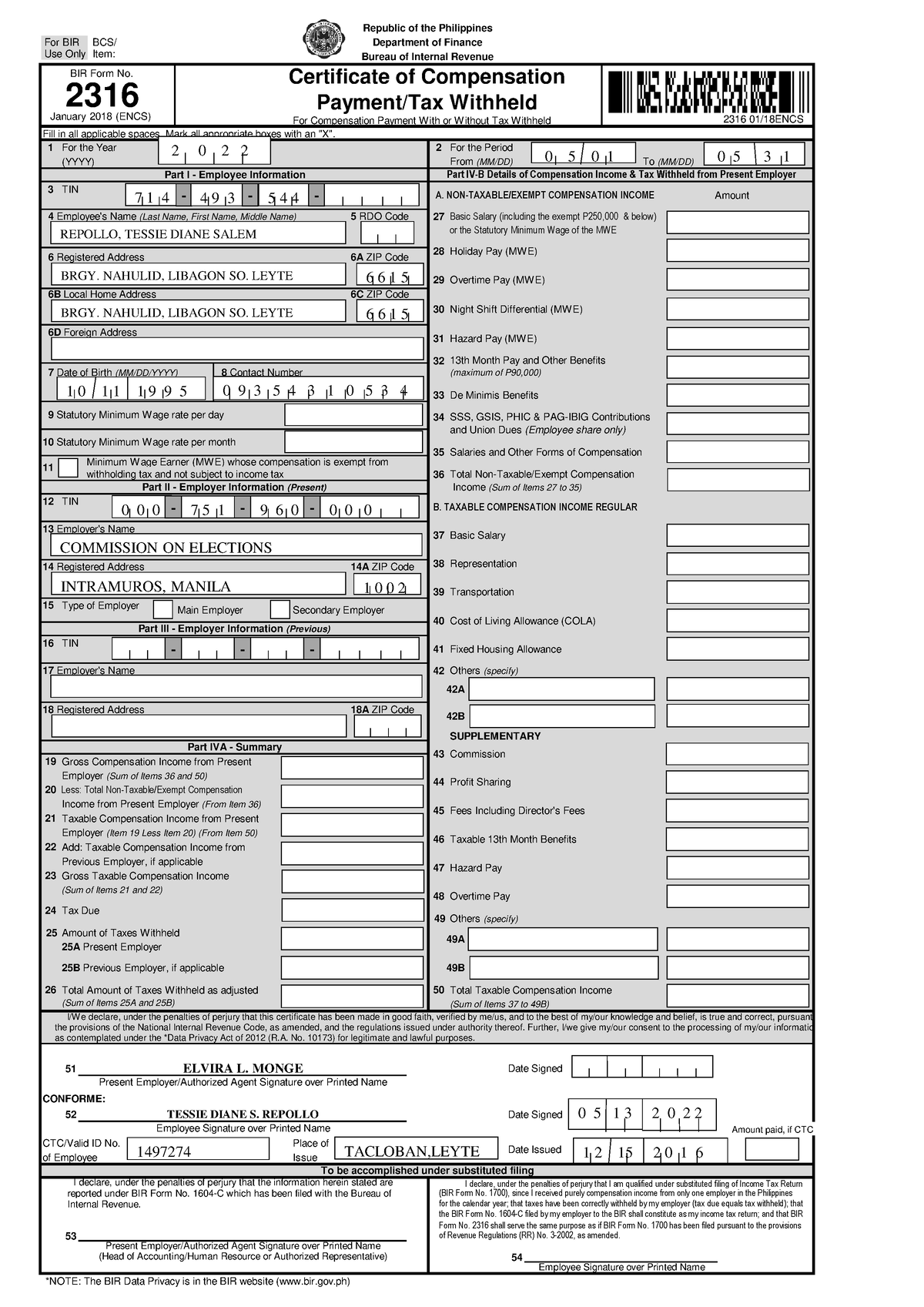 BIR Form 2316 For Govt Employees - For Compensation Payment With or ...