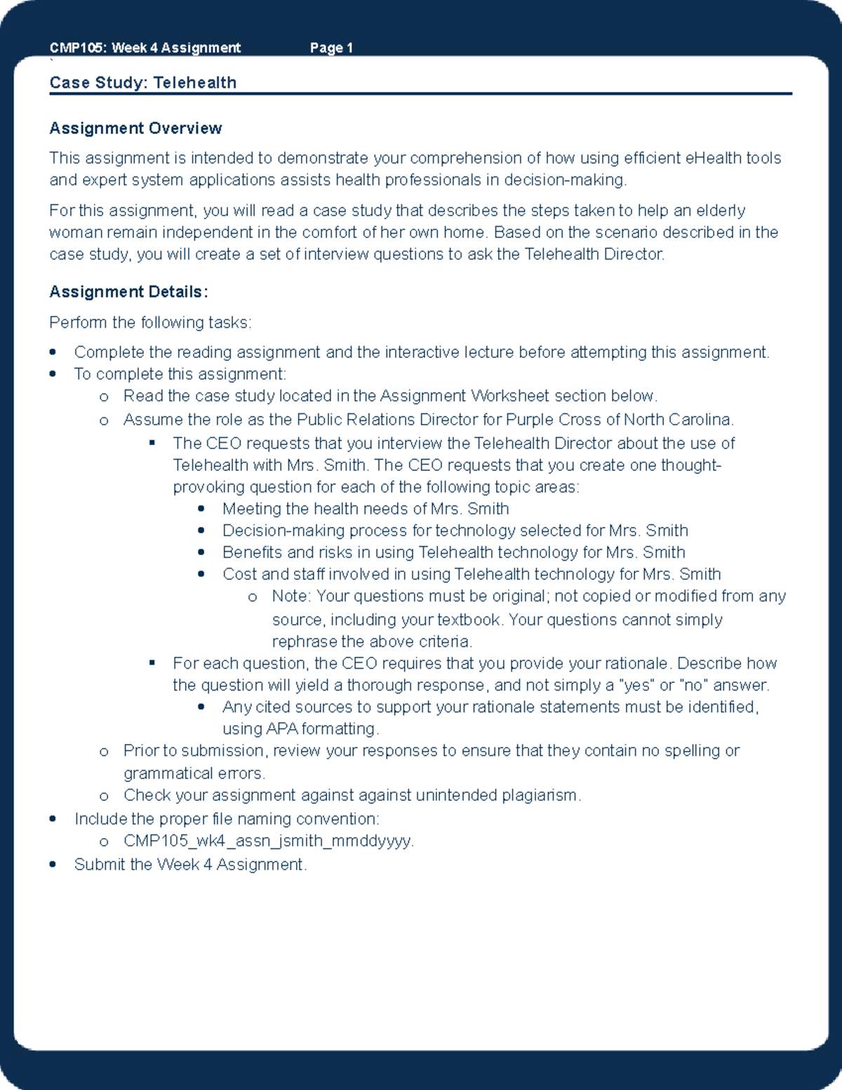 week 4 assignment telehealth case study