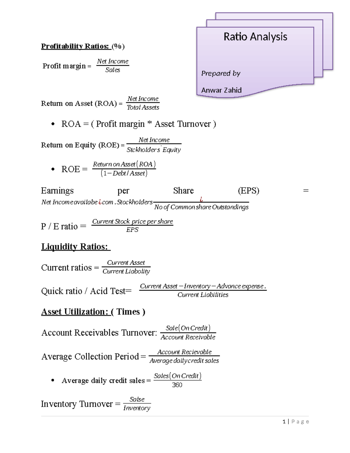 Ratios - these are notes - Profitability Ratios: (%) Profit margin ...
