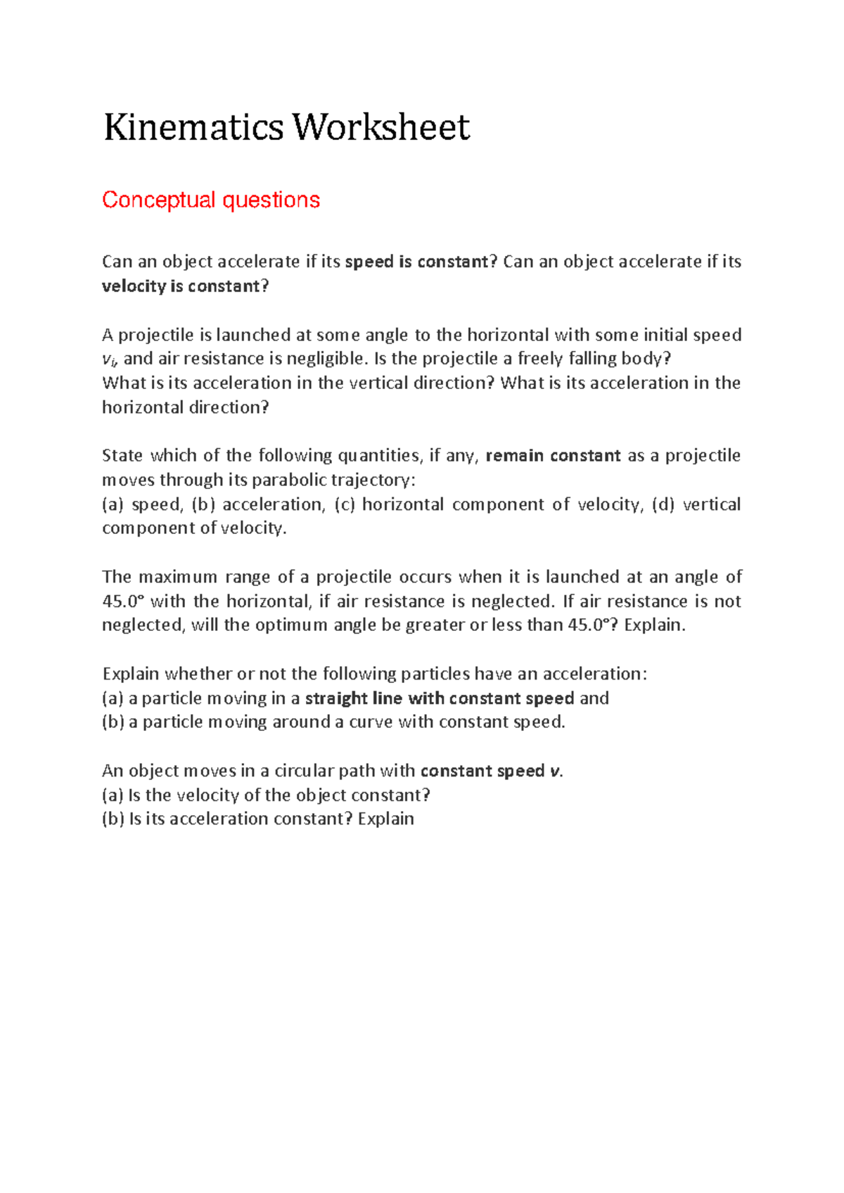 Kinematics Worksheet - Kinematics Worksheet Conceptual questions Can an ...