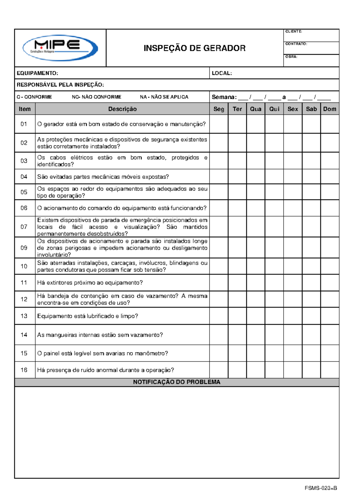 Checklist (Gerador) - FSMS- 023 =B INSPEÇÃO DE GERADOR CLIENTE ...