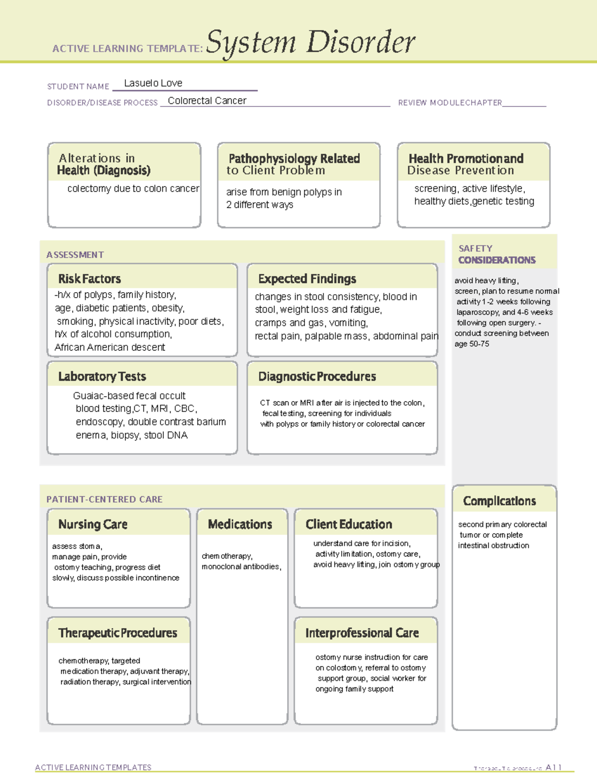 C cancer - NURSING - ACTIVE LEARNING TEMPLATE: System Disorder STUDENT ...