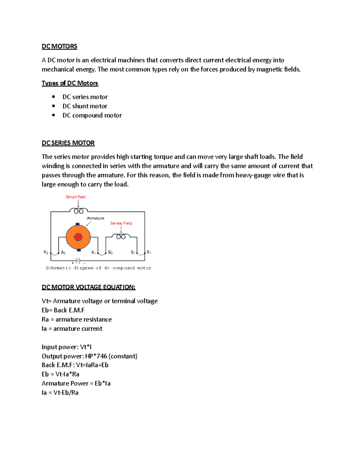 DC Motors Lecture notes 3 DC MOTORS A DC motor is an electrical