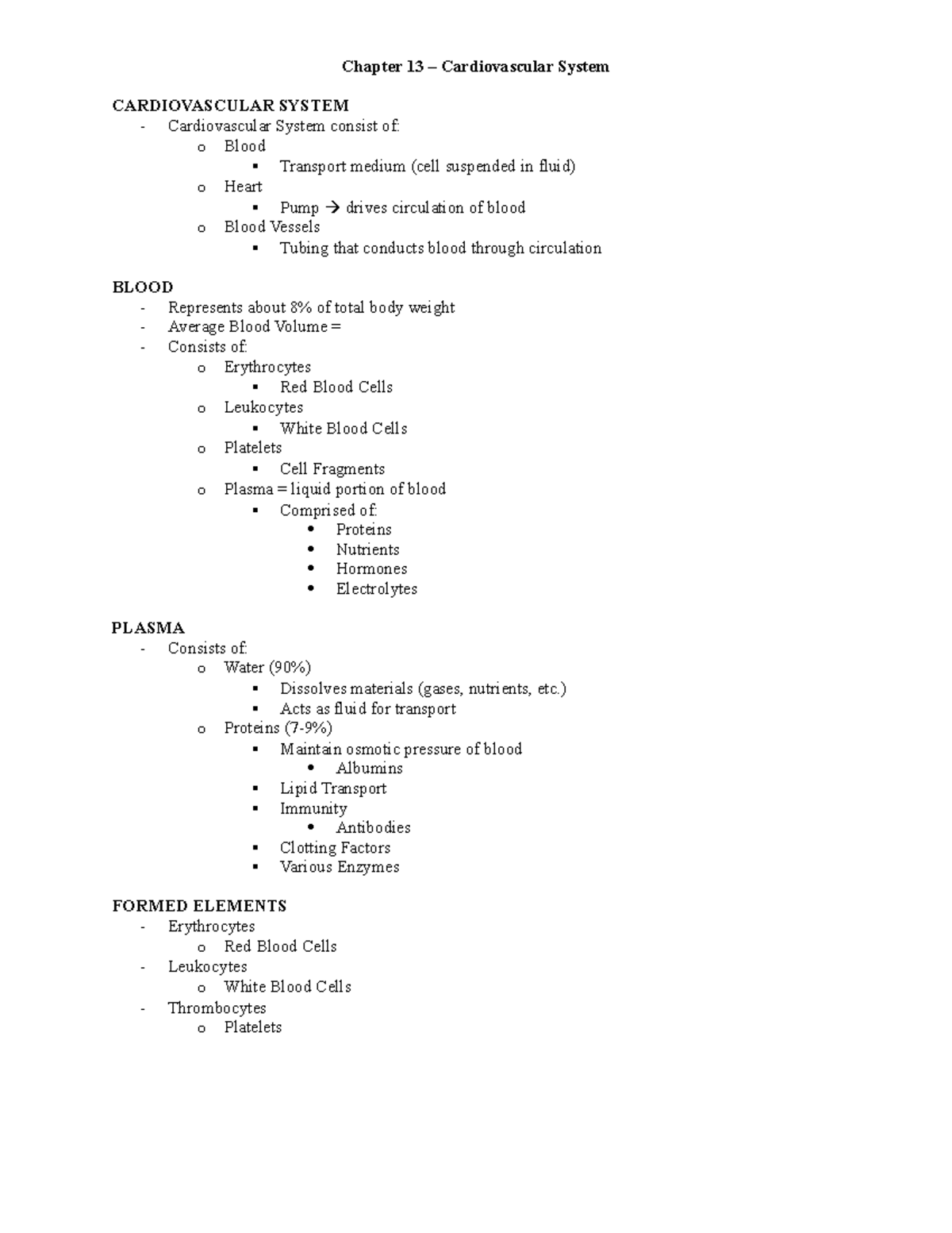 Chapter 13 Typed Notes - Chapter 13 – Cardiovascular System ...