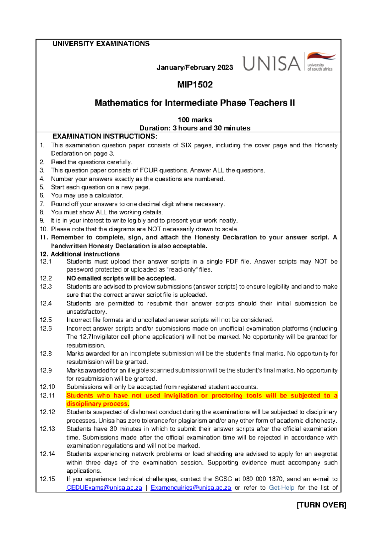 MIP1502 Jan Feb 2023 Memo - UNIVERSITY EXAMINATIONS January/February ...