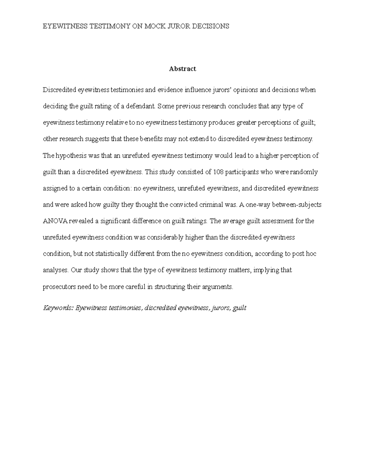 Wells Paityn Final Paper - EYEWITNESS TESTIMONY ON MOCK JUROR DECISIONS ...