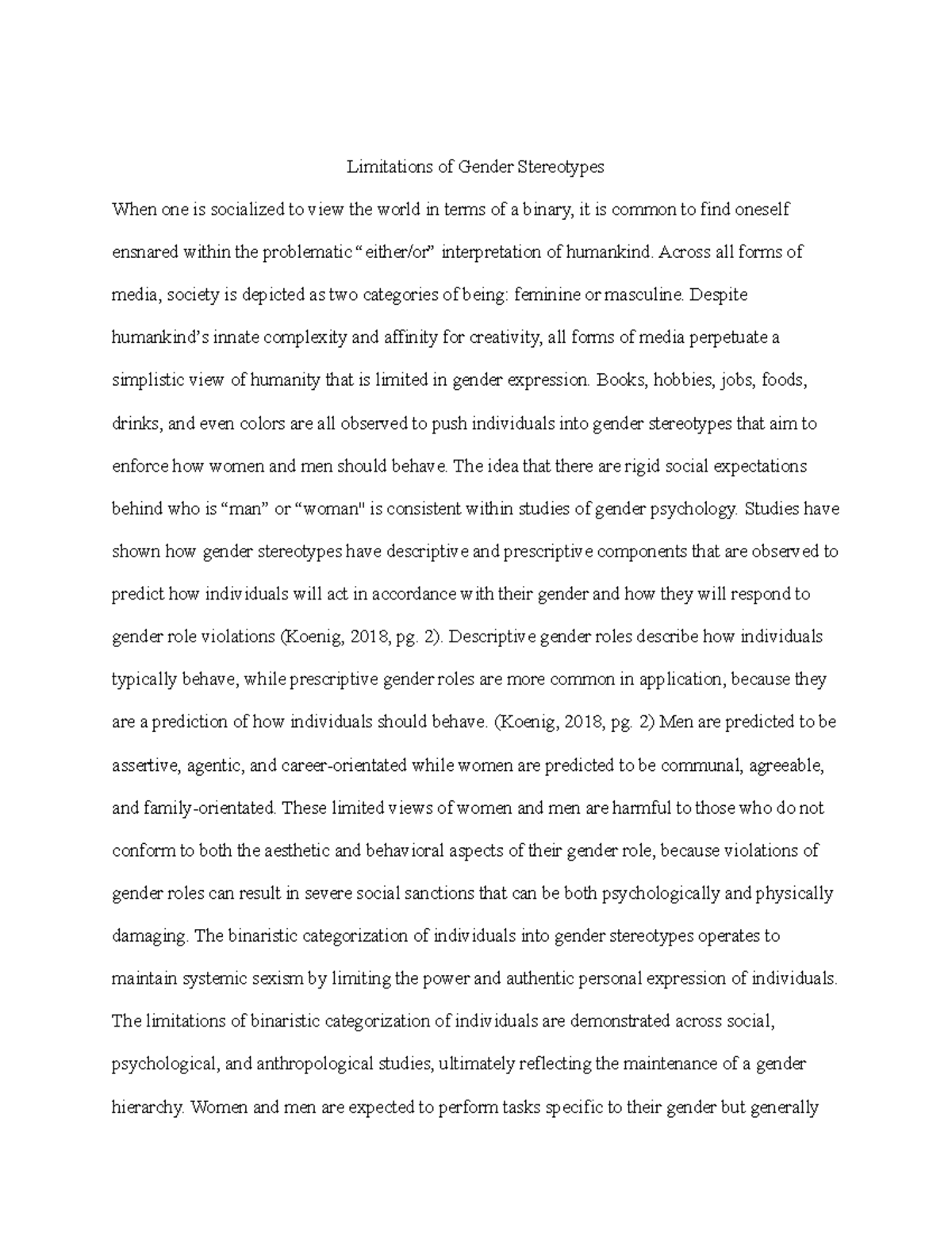 Psych 291 - Gender Stereotypes Paper 1 - Limitations of Gender ...