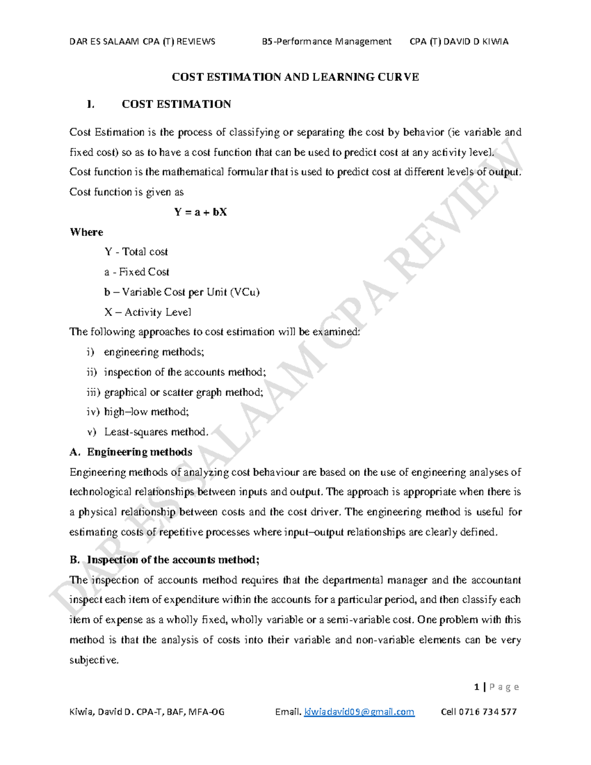 Topic 2 - Cost Estimation and Learning Curve - 1 | P a g e COST ...