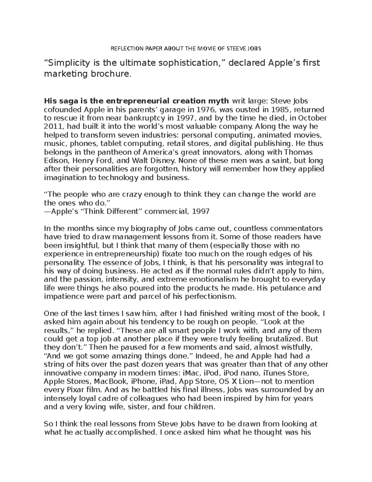 Reflection Paper About THE Movie OF Steeve JOBS REFLECTION PAPER ABOUT THE MOVIE OF STEEVE