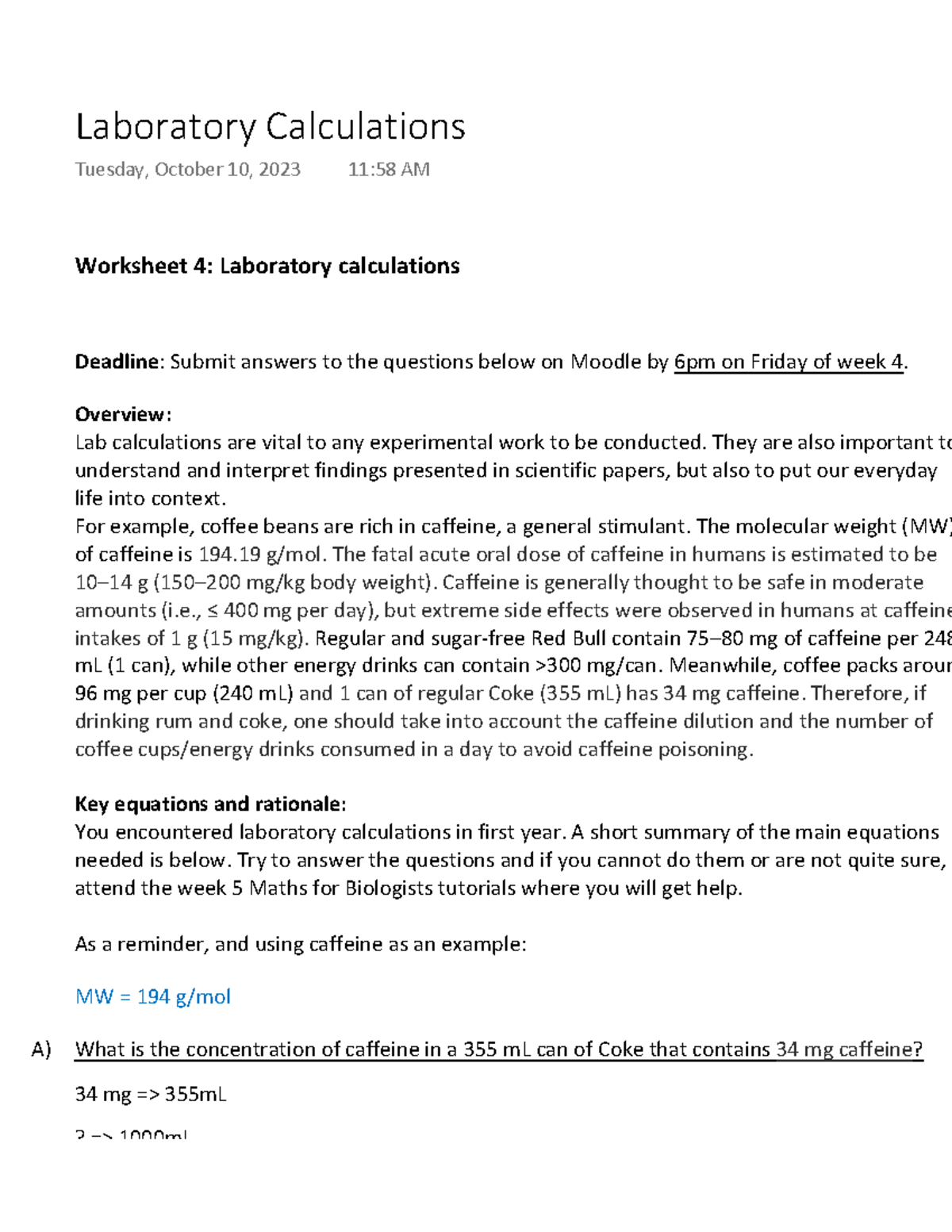 Laboratory Calculations Worksheet 4 Laboratory calculations Deadline