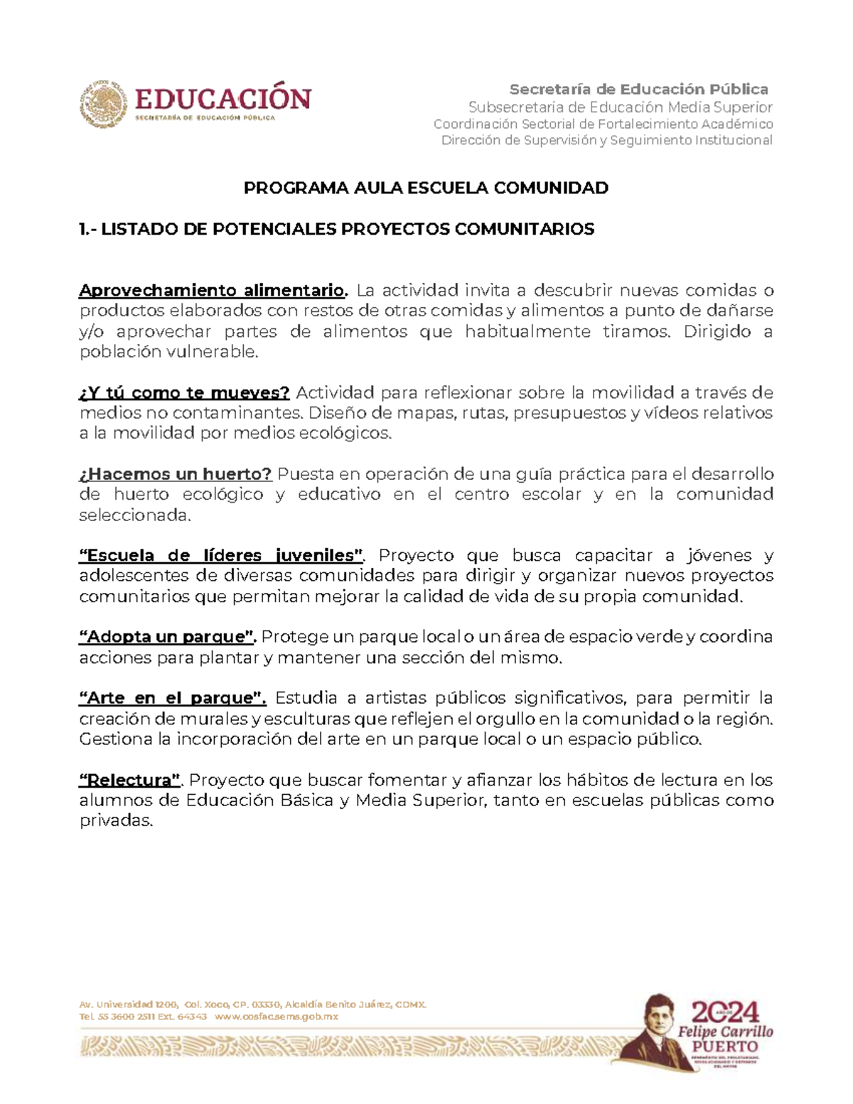 Listado de potenciales Proyectos Comunitarios 2024-2025 - Subsecretaria ...