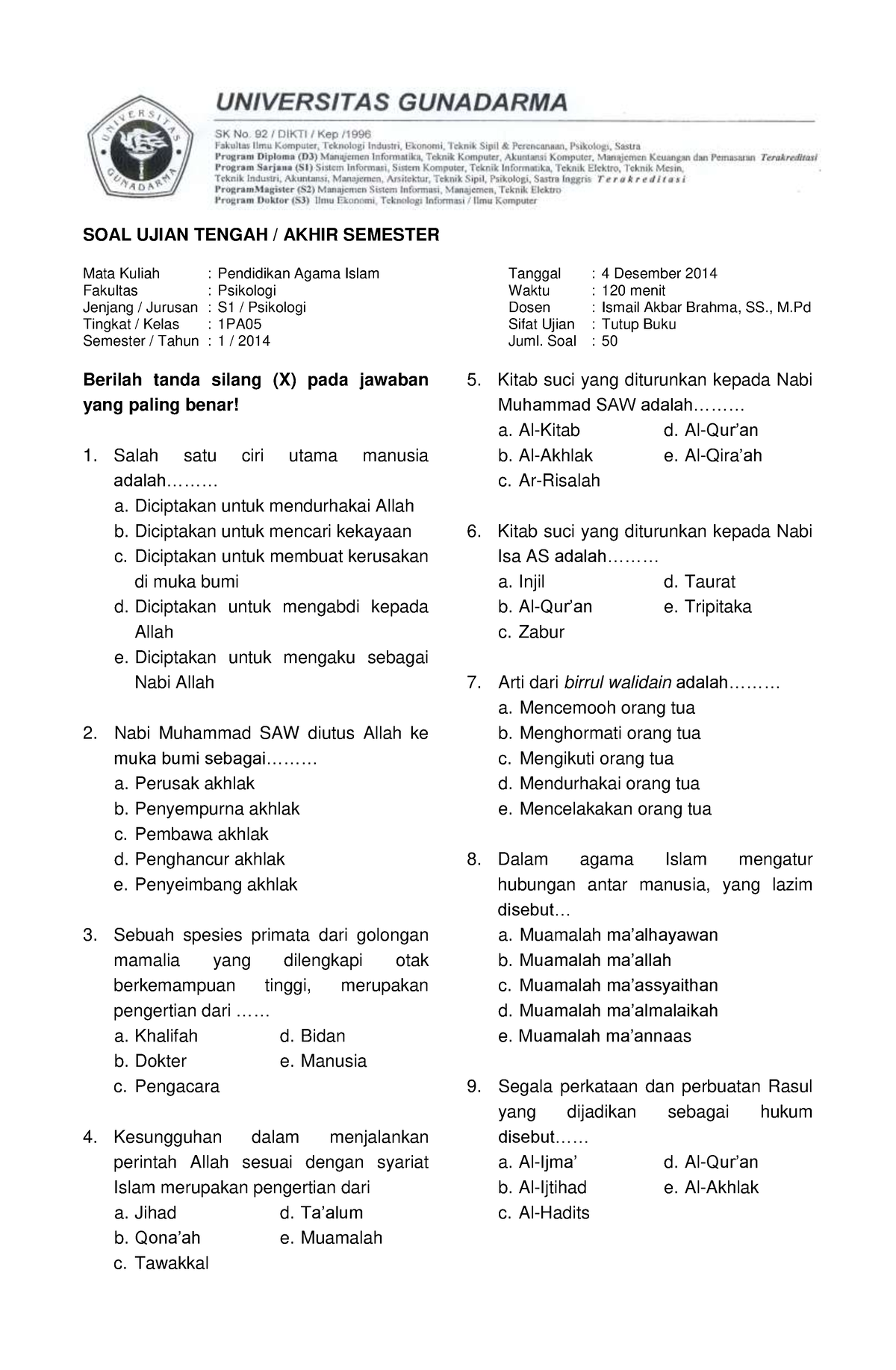 Soal UTS UAS Pendidikan Agama Islam - SOAL UJIAN TENGAH / AKHIR ...