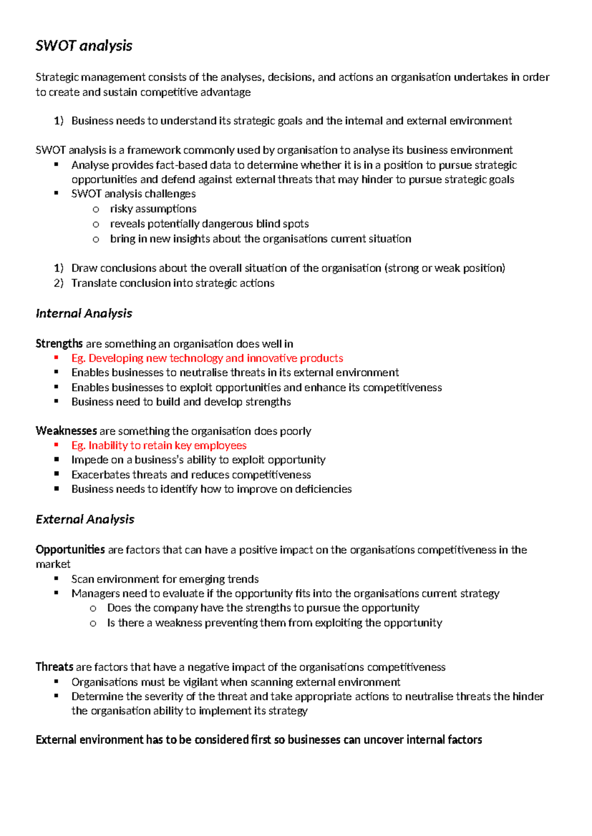 Week 1 Notes - SWOT analysis Strategic management consists of the ...