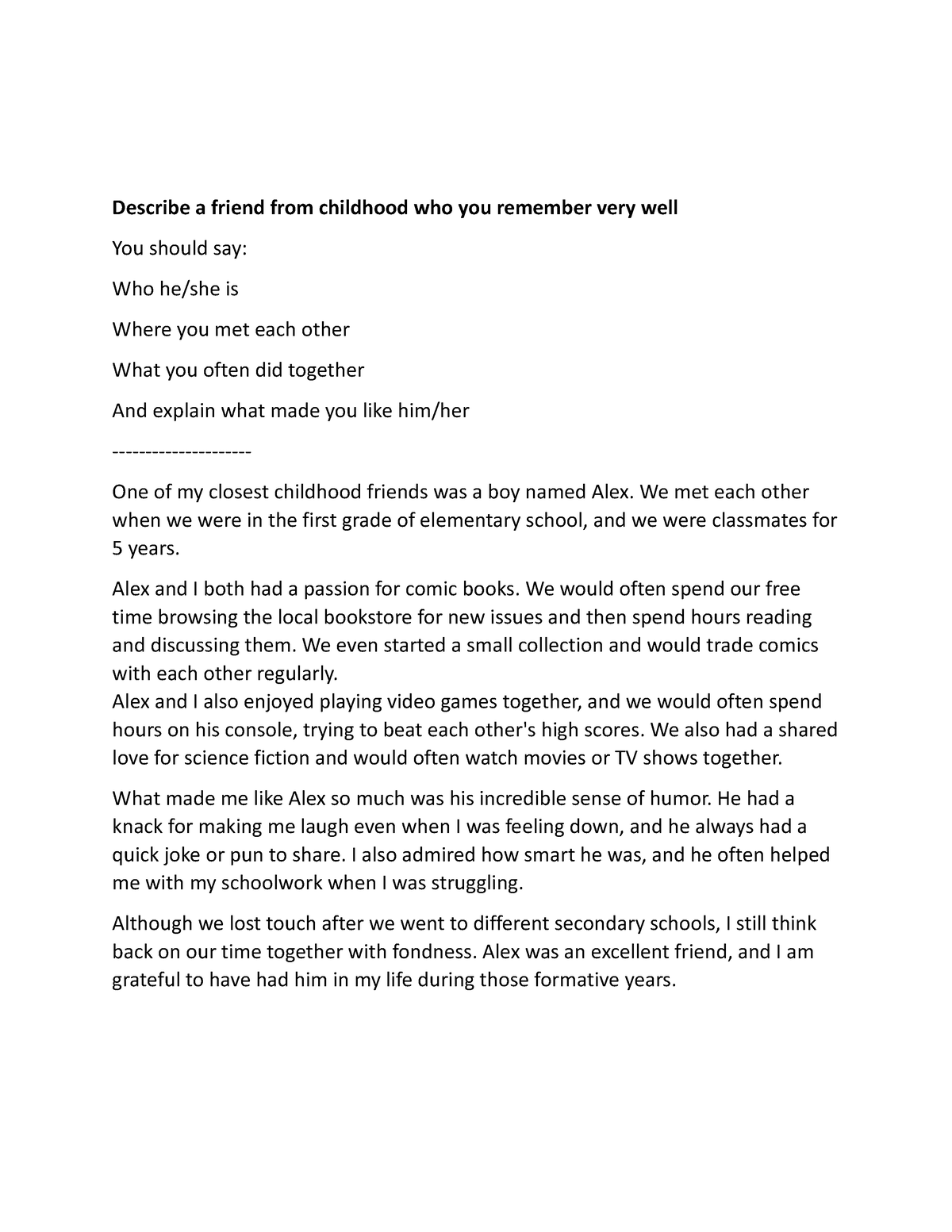 A chilhood friend - english - Describe a friend from childhood who you ...