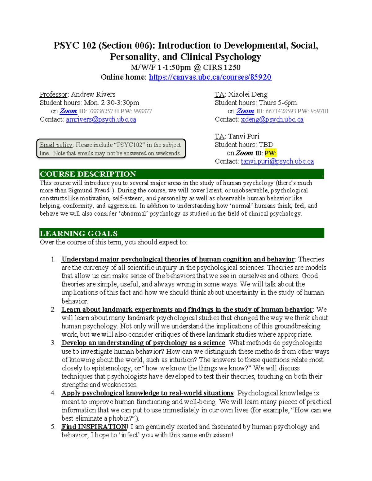 Syllabus PSYC102 006 2022 - PSYC 102 (Section 006) : Introduction to ...