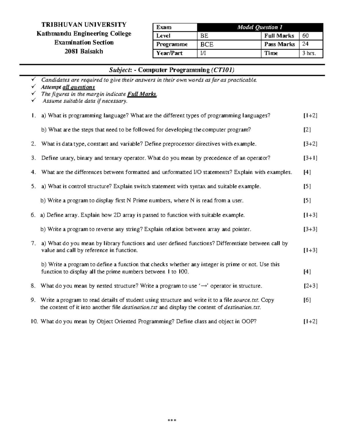 C Model Question 2 - *** TRIBHUVAN UNIVERSITY Kathmandu Engineering ...