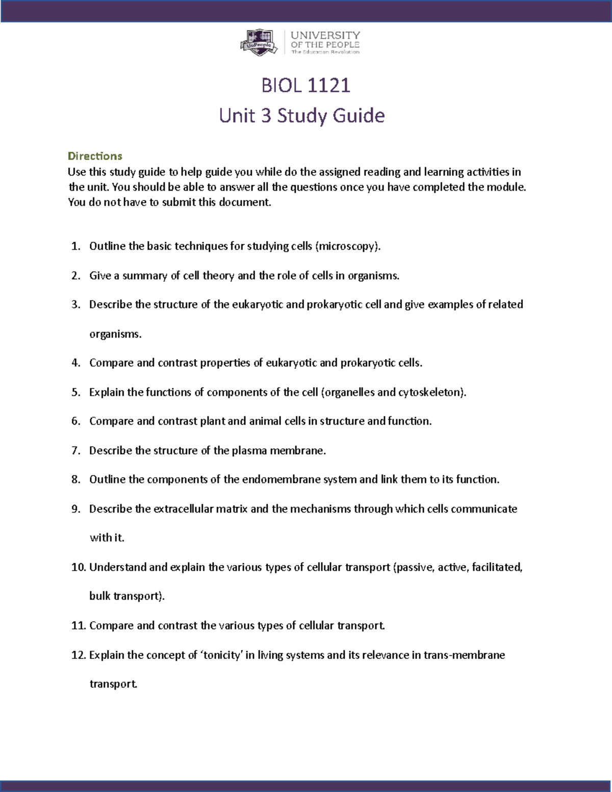 BIOL1121 Unit 3 Study Guide - Unit 3 Study Guide Directions Use This ...