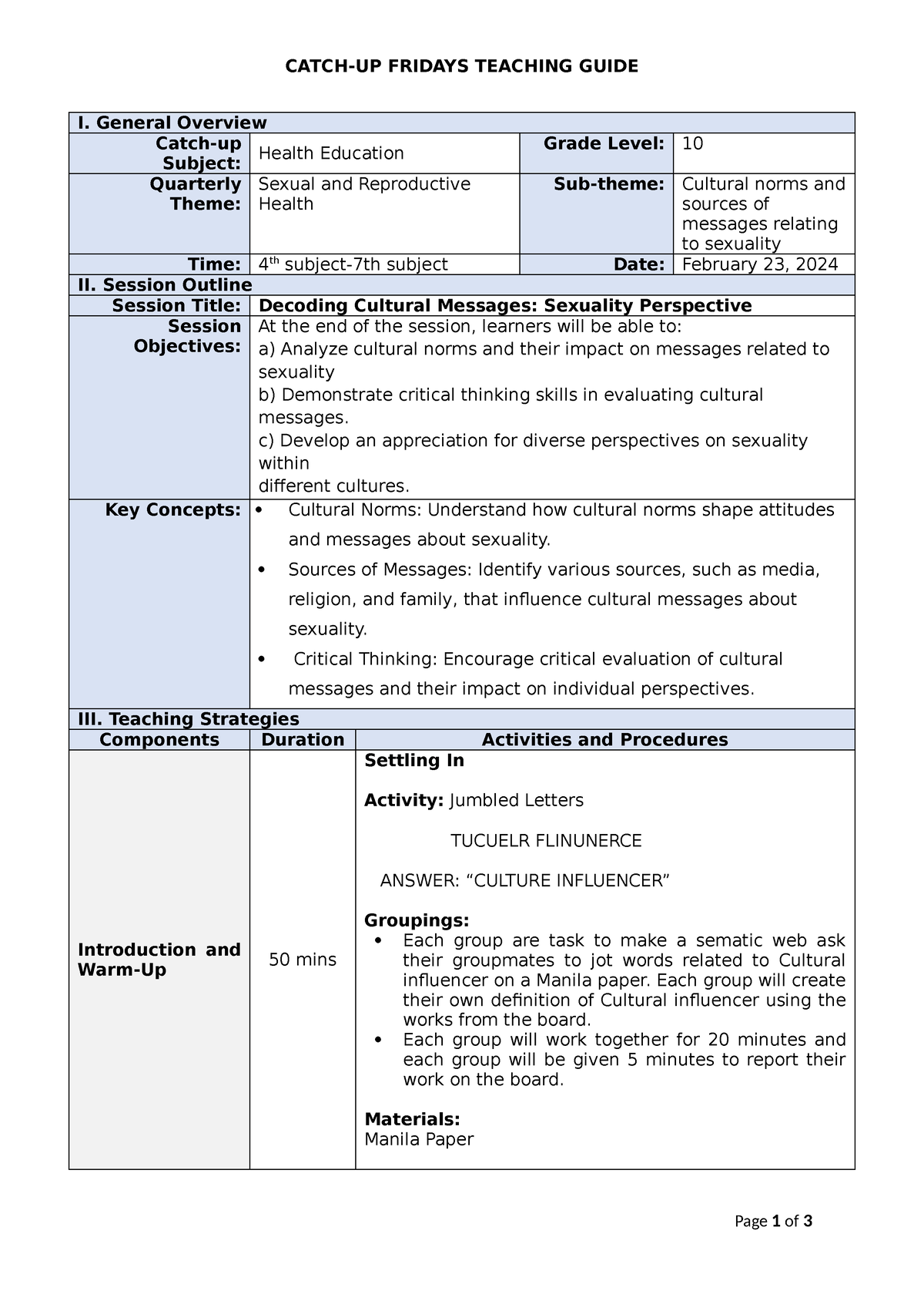 Health 10-TG-Catch-Up - CATCH-UP FRIDAYS TEACHING GUIDE I. General ...