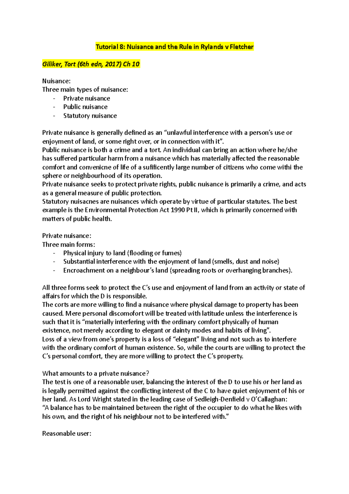 Tutorial 8 notes - Tutorial 8: Nuisance and the Rule in Rylands v ...