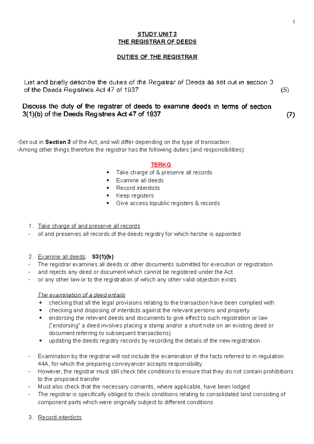 UNIT 3 NOTES STUDY UNIT 3 THE REGISTRAR OF DEEDS DUTIES OF THE