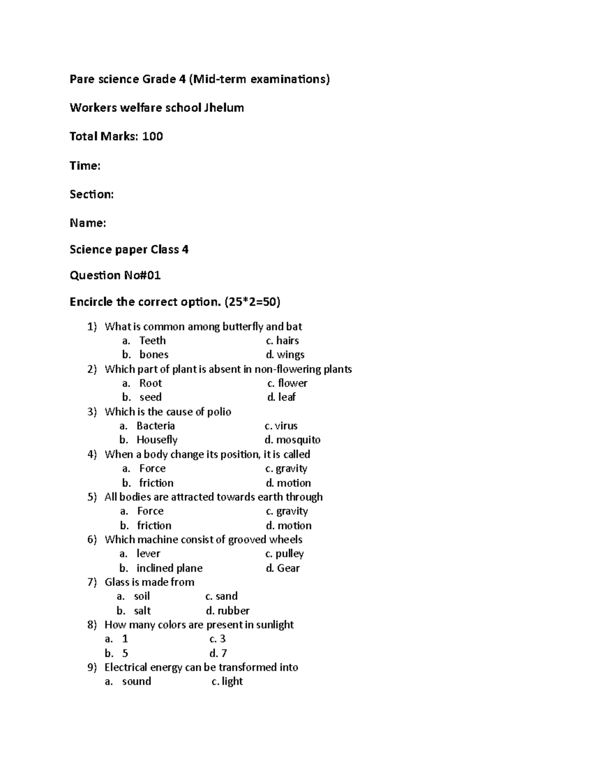 Pare science Grade 4 paper 2 - Pare science Grade 4 (Mid-term ...