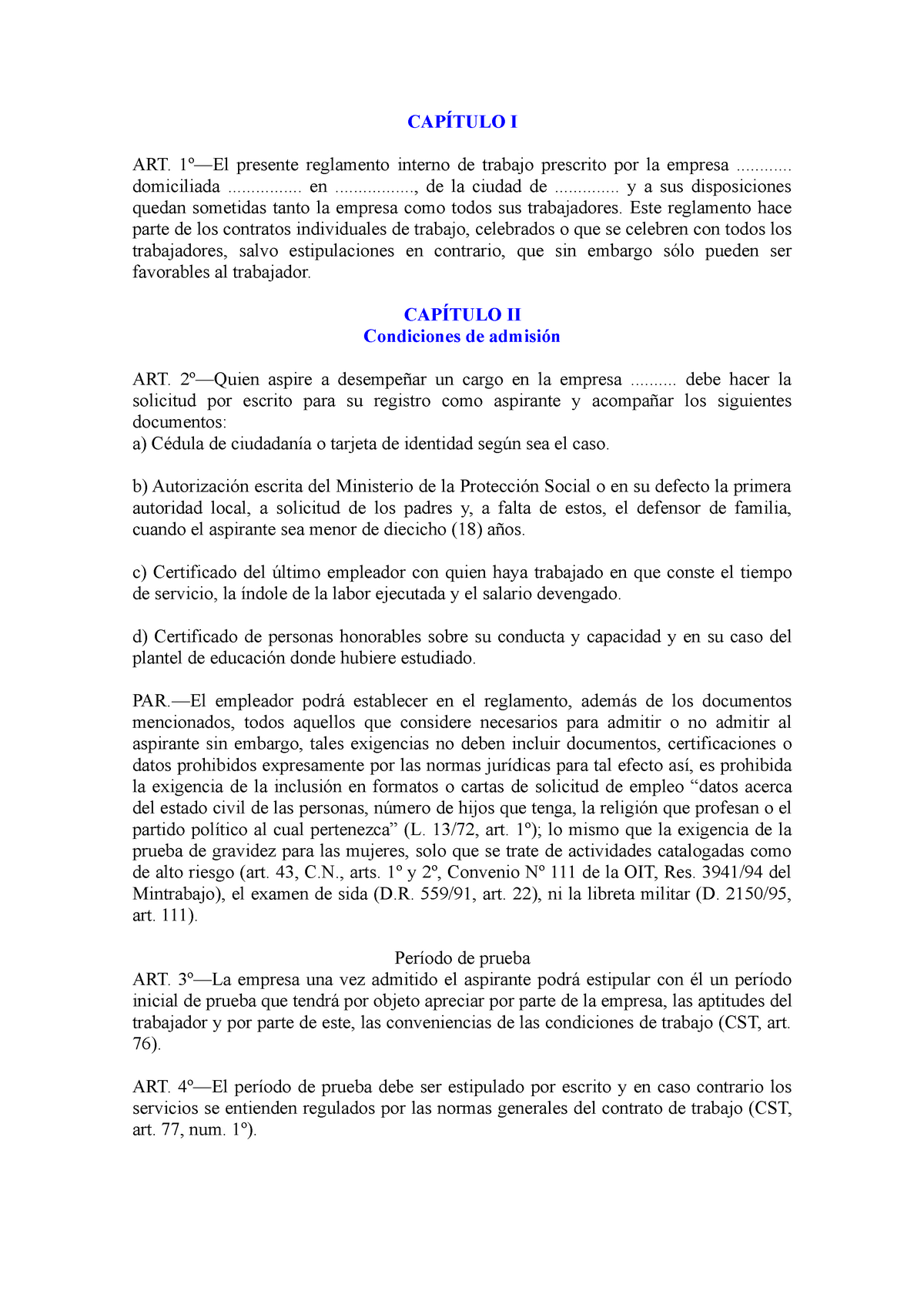 Modelo para la Elaboracion de un Reglamento Interno de Trabajo - I ART.  presente reglamento interno - Studocu