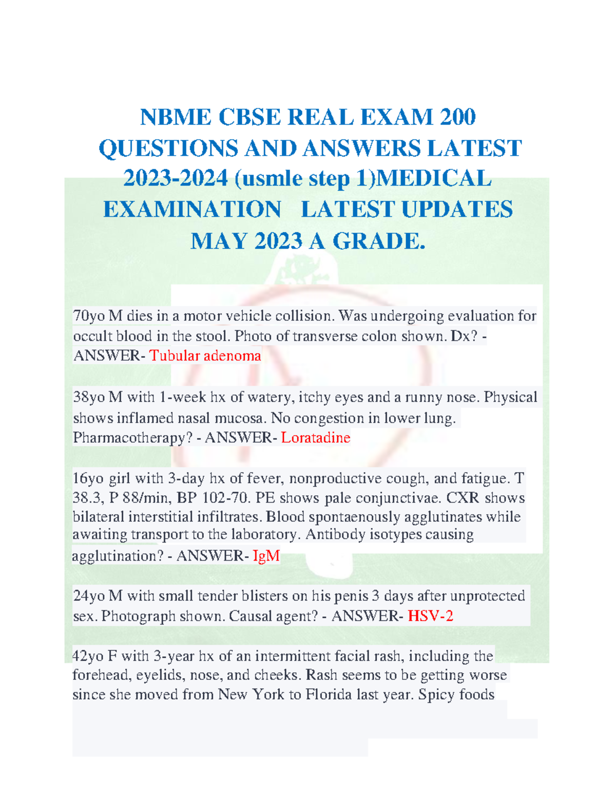 Nbme cbse real exam 200 questions and answers latest 2023 - 16yo girl ...