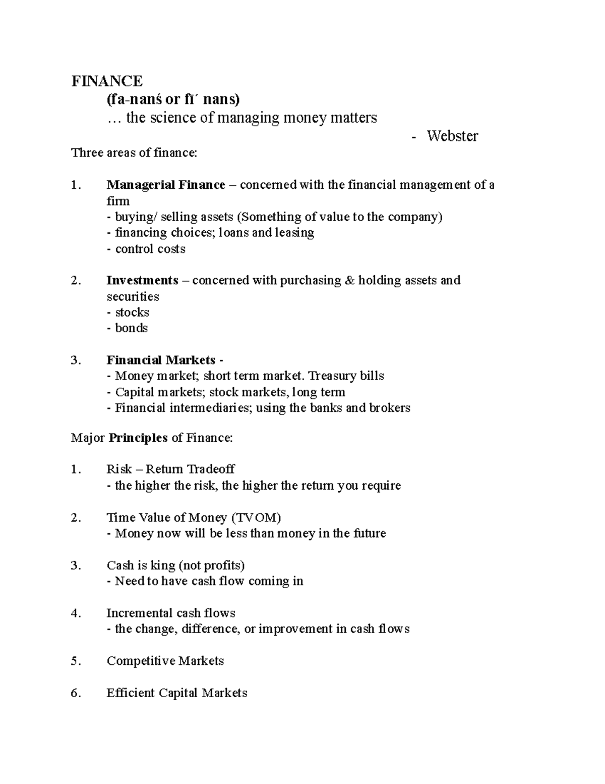 FIN 300 Lect notes 1 - FINANCE (fa-nanś or fī ́ nans) ... the science ...