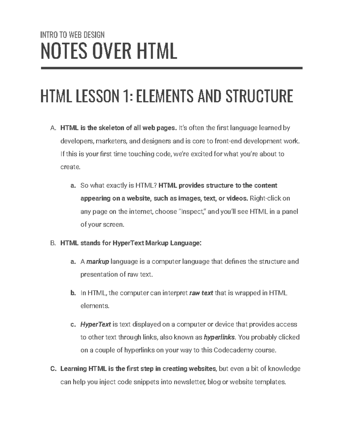 HTML Notes - WEB Design - Professor Greer - INTRO TO WEB DESIGN NOTES ...