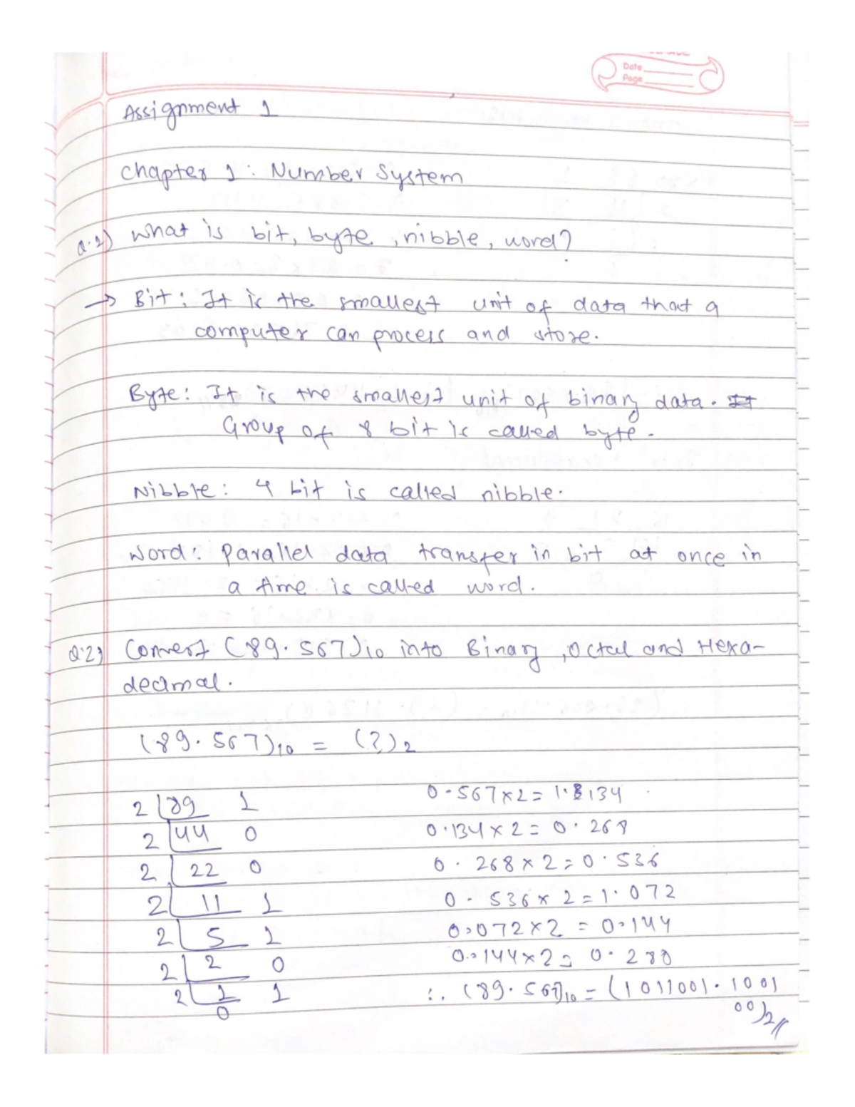 Digital System - Number System Assignment Questions - Date Page ...