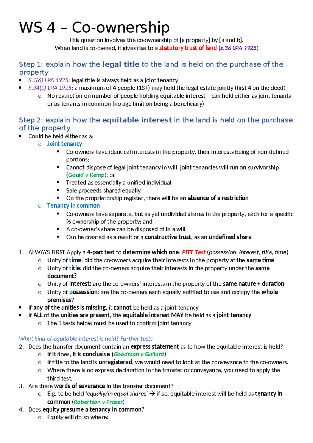 WS 4 – Co-ownership - Notes on Co-Ownership for Land Law - WS 4 – Co ...