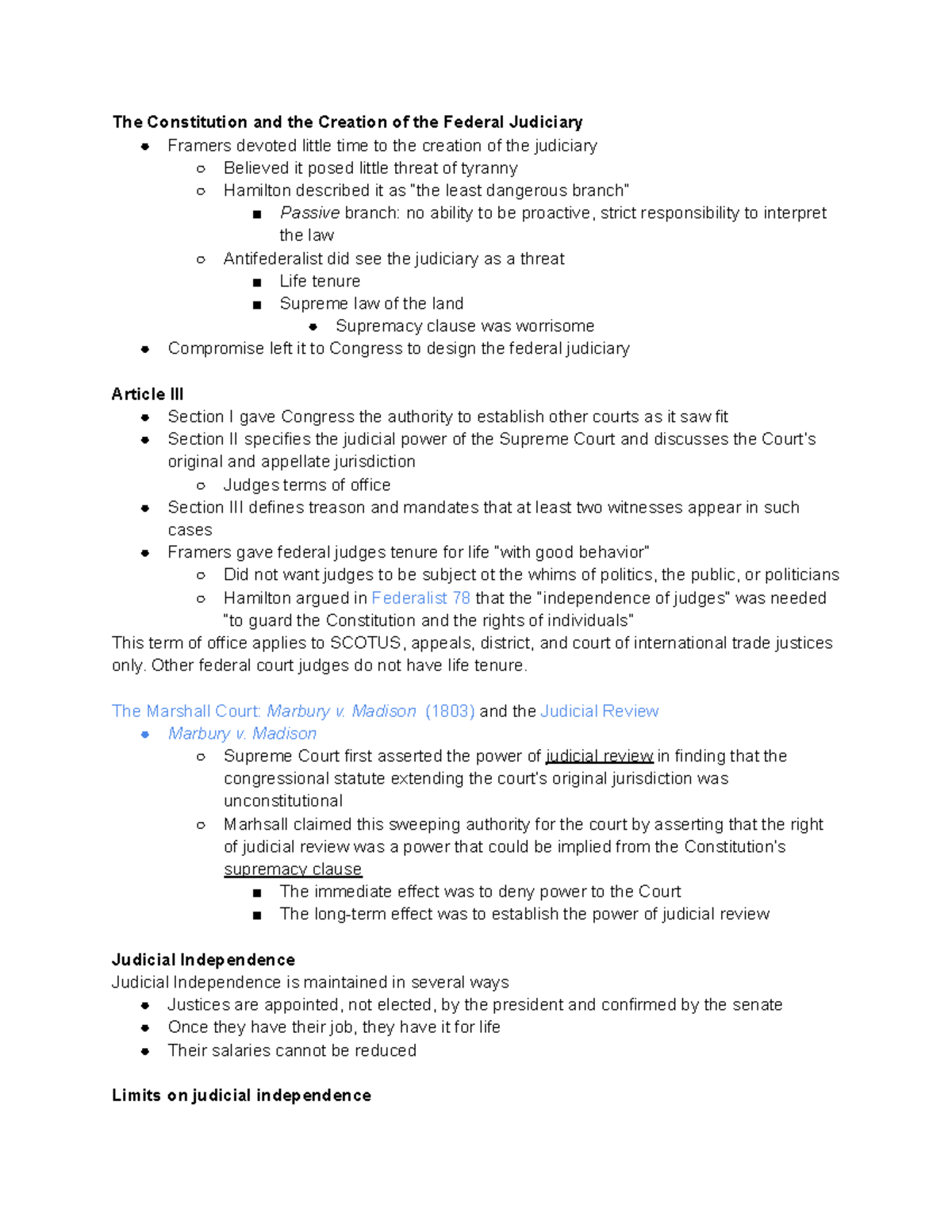Judiciary Branch Notes The Constitution and the Creation of the