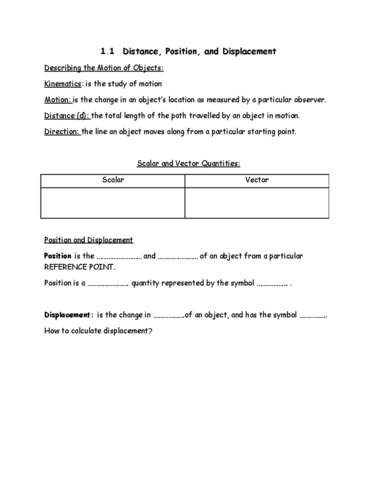 SPH3U 1.1 (3) (2) - work sheet - 1 Distance, Position, and Displacement ...