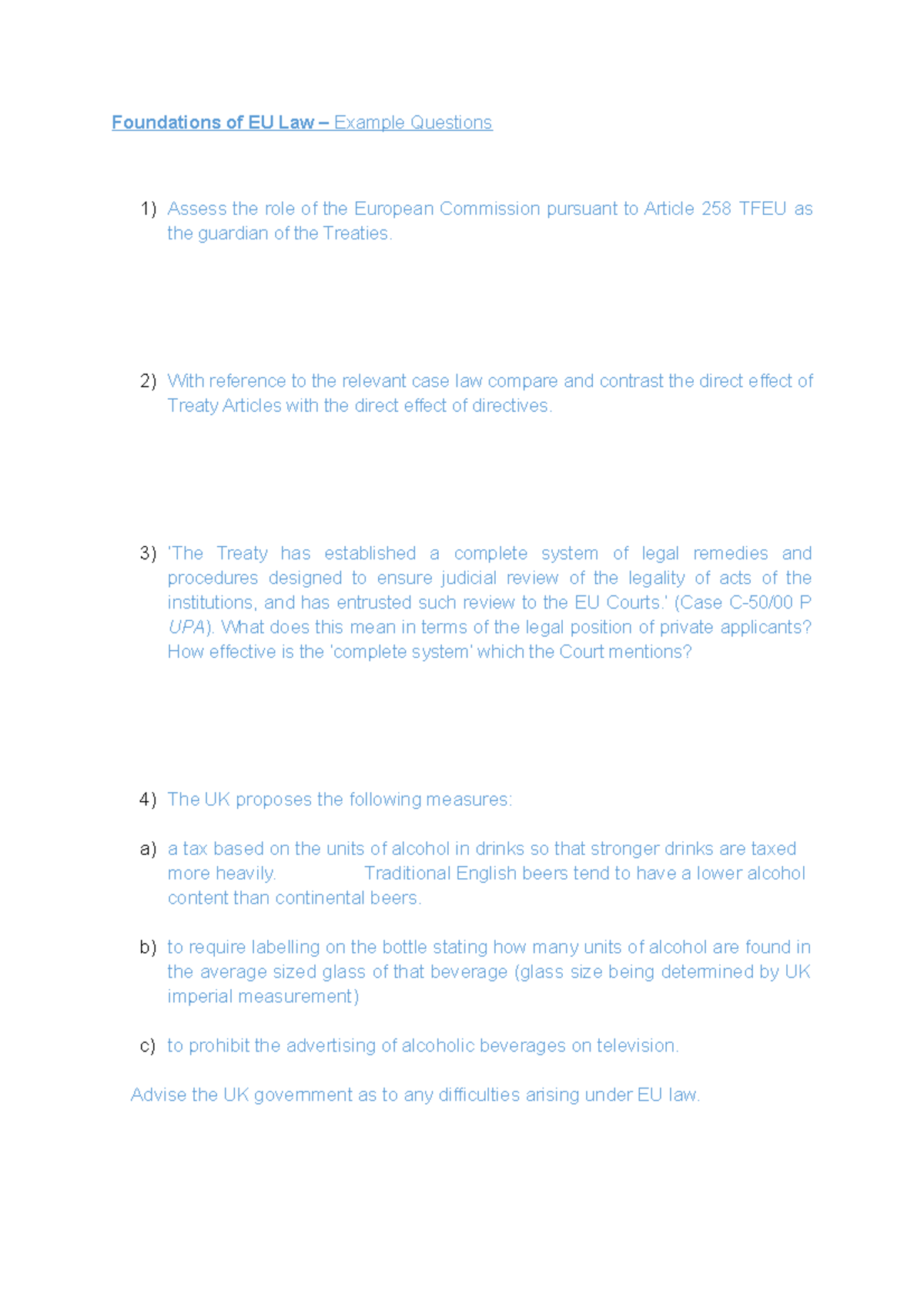 Foundations of EU Law -Qs - Foundations of EU Law – Example Questions ...